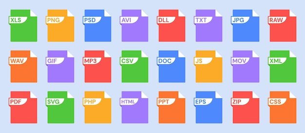 Stencil file format icons with PDF JPG and MP3 JS and XML DLL and SVG CSV and PSD PNG and DOC labels File types with document extension for UI and UX Vector set
