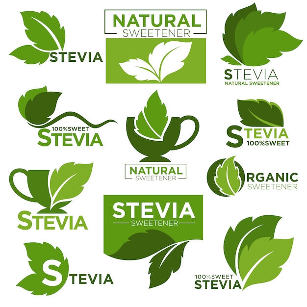 Stevia edulcorante sustituto del azúcar iconos y etiquetas de productos saludables