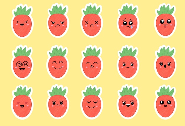 Sticers Fresa de dibujos animados lindo con diferentes emociones Juego de caracteres de frutas de dibujos animados