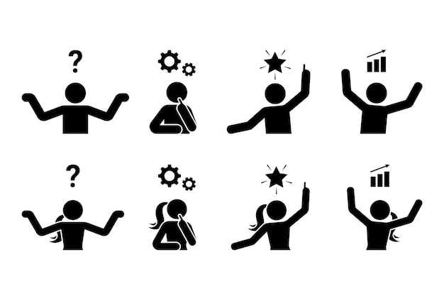 Stick figura hombre y mujer idea problema solución razonamiento vector ilustración conjunto