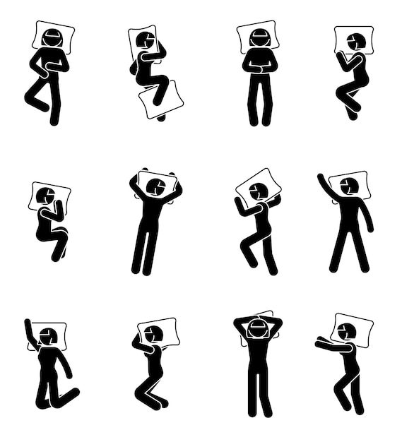 Stick figura mujer durmiendo icono conjunto posiciones diferentes mujer soltera en la cama pictograma