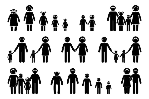 Stick figura personas generación familia vector icono stickman padres niños abuelos proceso de envejecimiento