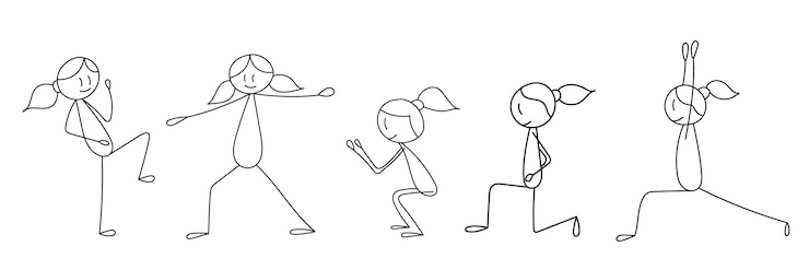 Vector stick figure girl haciendo ejercicios, practicando deportes