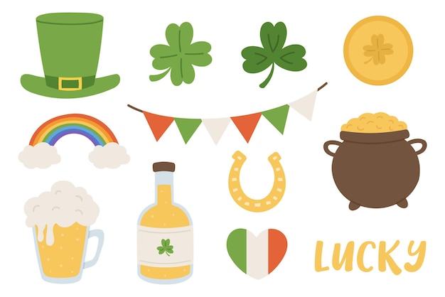Stick Patrick's Day conjunto de elementos colección de íconos de diseño sombrero de trébol arco iris olla de monedas