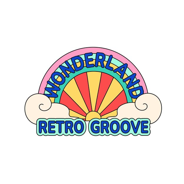 Sticker con arco iris en estilo hippie Emblema del sol Groovy Funky retro amanecer en las nubes Insignia de ranura vintage colorida con puesta de sol Ilustración vectorial aislada plana sobre fondo blanco