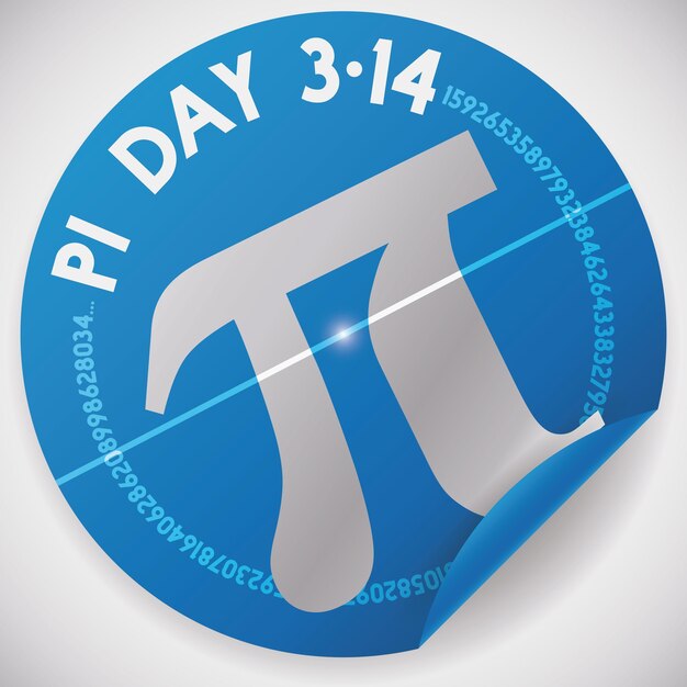 Sticker azul con símbolo de pi plateado y valor numérico a su alrededor para celebrar el Día de Pi el 14 de marzo