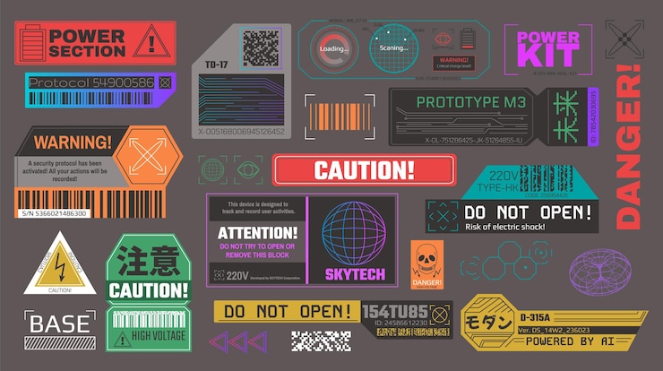 Vector sticker cyberpunk etiquetas de advertencia y precaución futuristas de alta tecnología señales de seguridad y calcomanías cibernéticas con códigos de barras conjunto vectorial de elementos de interfaz digital