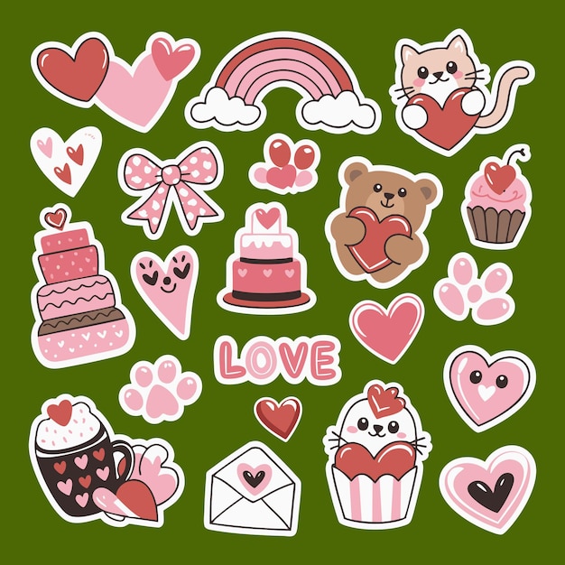 Sticker de día de San Valentín con corazones, arco iris y animales