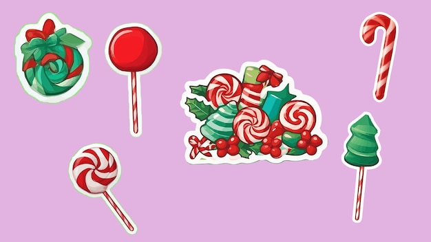 Sticker de dulces de Navidad con piruletas y cañas de caramelo