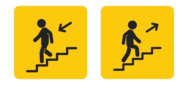 Sticker de etiqueta de paquete dirección arriba y abajo de las escaleras con señal de edificio de salida de emergencia aislada con flecha