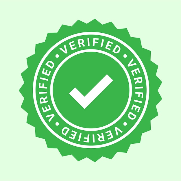 Sticker de etiqueta plana verificada en verde con símbolo de marca de comprobación ideal para la autenticidad y la confianza