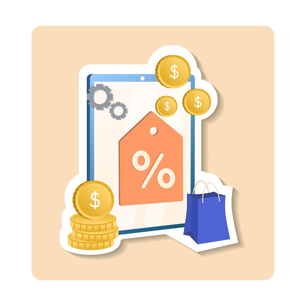 Vector sticker de gestión de ventas ilustración de etiqueta de engranajes bolsa de monedas