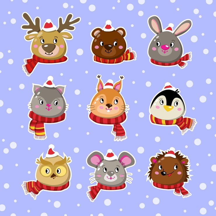 Vector sticker de navidad etiquetas con personajes lindos animales juego gato oso ratón pingüino