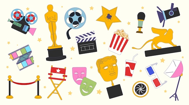 Sticker de película de cine Icon cámara película palomitas de maíz Oscar estatua equipo de cámara Elemento hipster logotipo video premio Hollywood Doodle cine Medios símbolos aislados Vector set plano de dibujos animados