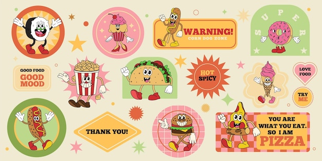 Sticker personaje de comida etiqueta de café Taco y mascotas de helado icono retro Groovy pizza y hamburguesa de dibujos animados Hamburguesa picante Donut y muffin diseño de tarjetas de los años 70 Set de insignias vectoriales de comida rápida