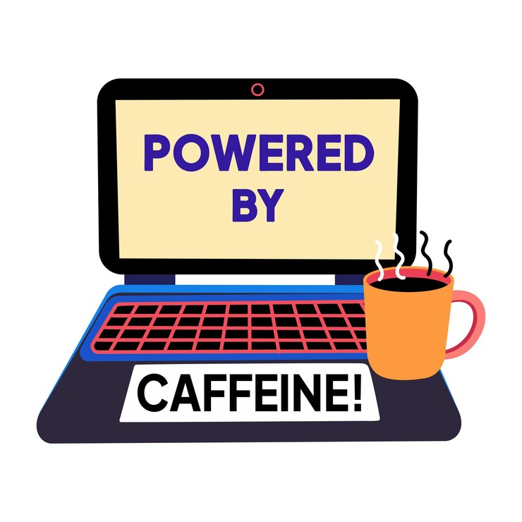 Vector sticker plano de una computadora portátil y una taza que representa el descanso de la cafeína