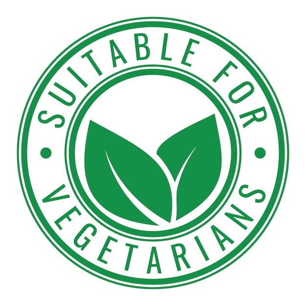Sticker de sello verde aislado adecuado para vegetarianos con ilustración vectorial del icono de las hojas