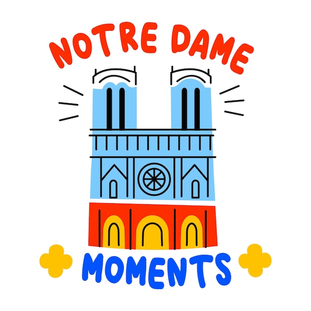 Sticker tipográfico plano de los momentos de Notre Dame