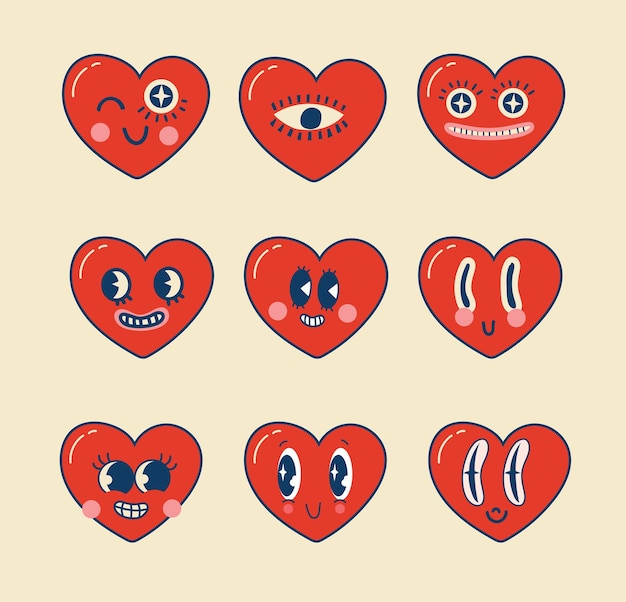 Vector stickers de corazones encantadores y divertidos concepto de amor feliz día de san valentín personaje de corazón feliz y funky en el estilo de dibujos animados retro de los años 60 y 70 ilustración vectorial en los colores rojos