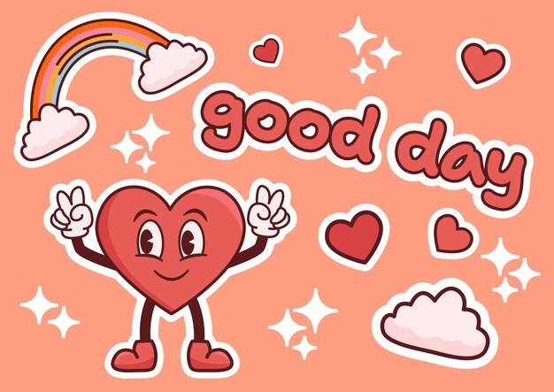 Vector stickers en estilo groovy personaje de dibujos animados corazón buen día ilustración vectorial de arco iris