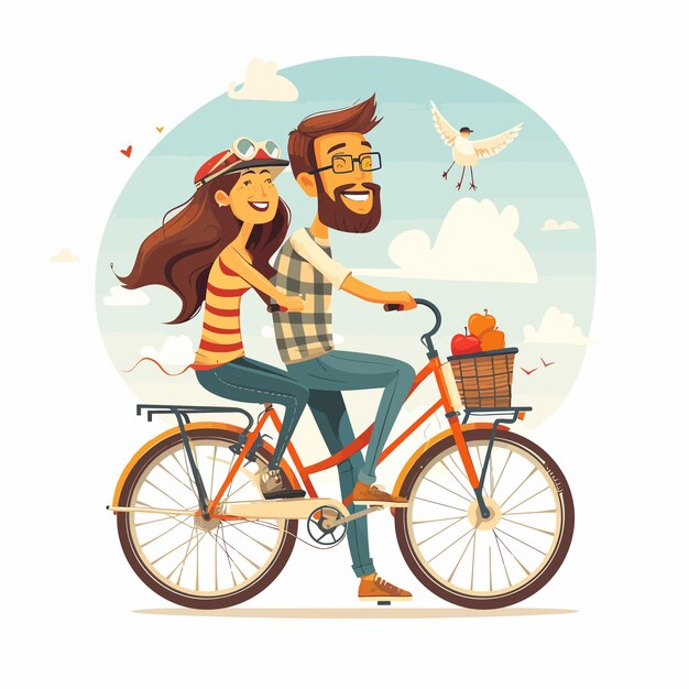 Vector stock_illustration_cute_cartoon_couple_ride_bicycle (en inglés)