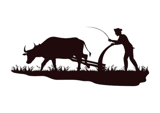 stock vector silueta agricultor arando vaca en el campo