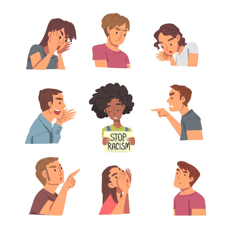 Vector stop racism people manifesting against african american woman holding sign board to demand equality vector illustration