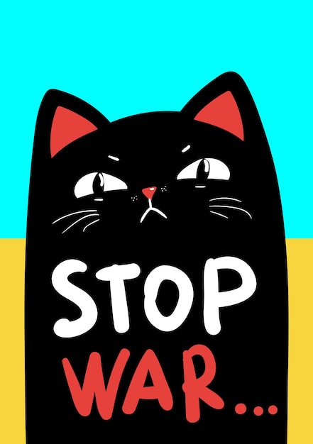 Vector stop war banner poster flyer card print design con gato negro gruñón vector eps 10