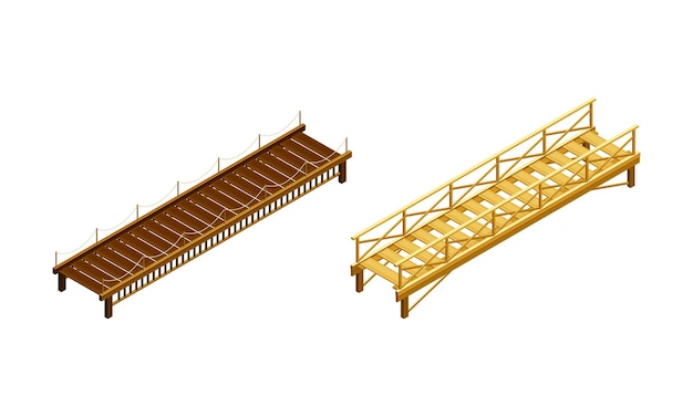 Straight wooden bridge with balustrade railing vector set