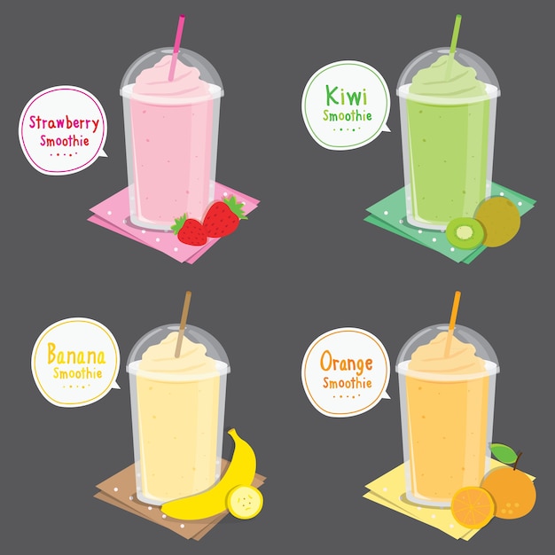 Strawberry Kiwi Banana Orange Juice Fruit Smoothie Dibujos animados