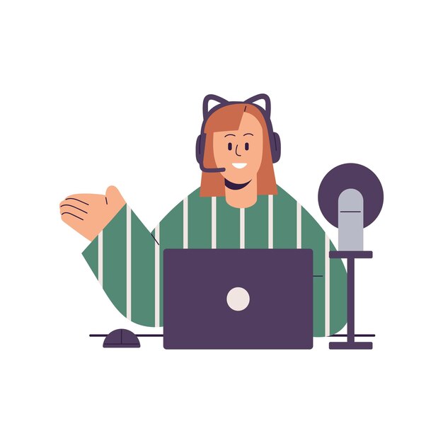 Streamer grabando video sentado en la computadora portátil en auriculares con micrófono Chica transmitiendo en línea Blogger en auriculares en transmisión en vivo Ilustración de vector gráfico plano aislada sobre fondo blanco