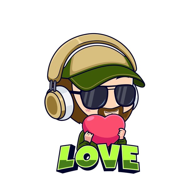 Un streamer de juegos con gafas de sol le da el logo de la mascota love esport