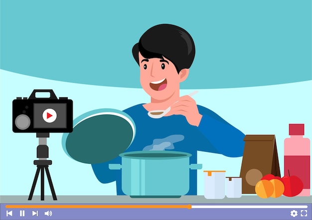Vector streaming en vivo en línea cocinar con el chef en clase aprende a cocinar comida casera y variedad