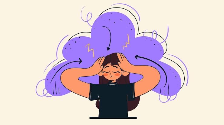 Vector stress nervous breakdown concept tired stressed woman holding hands on head exhausted of overwork