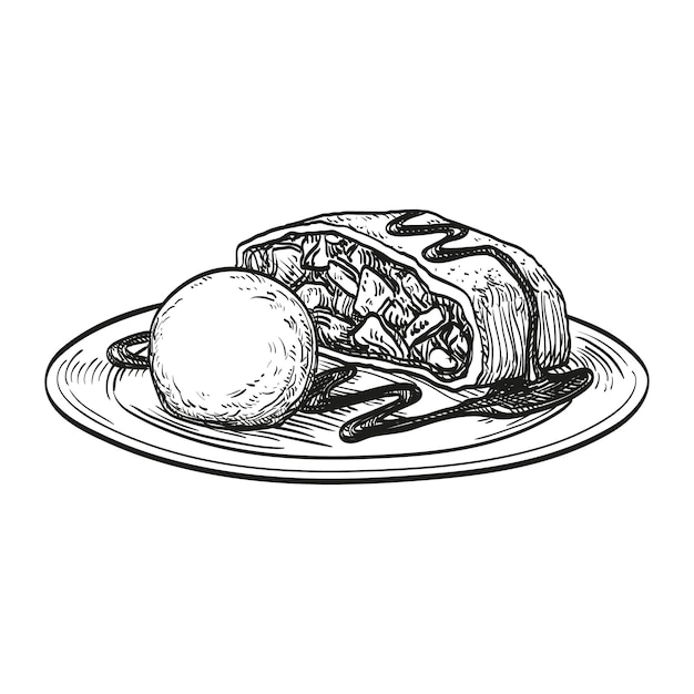 Vector strudel de manzana con helado aislado sobre fondo blanco ilustración vectorial dibujada a mano estilo retro