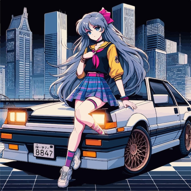 Stylish Anime Girl con coche clásico en el arte vectorial del paisaje urbano