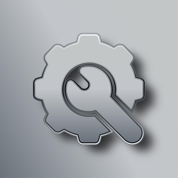 Stylish plata metal herramienta mecánica y el icono de engranajes con fondo gris