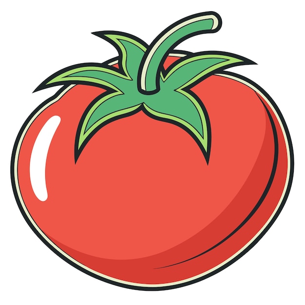 Stylized red tomato with green leaves isolated on white background