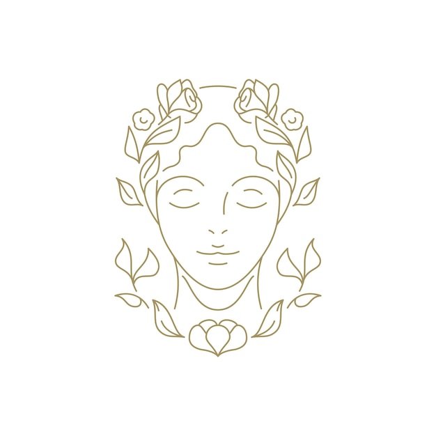 Suave cabeza femenina con flores cabello botánico flor línea arte logo para peinado vector ilustración Romántica mujer retrato con flor floral elegante peinado mínimo icono para peluquería de belleza