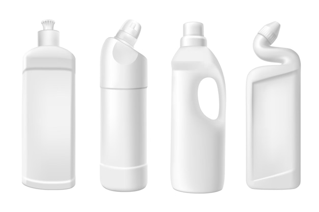 Suavizante en botellas mega set en diseño realista 3d Elementos de paquete de diferentes tipos de botellas de plástico blanco con productos químicos domésticos líquidos para tela Vector ilustración objetos gráficos aislados