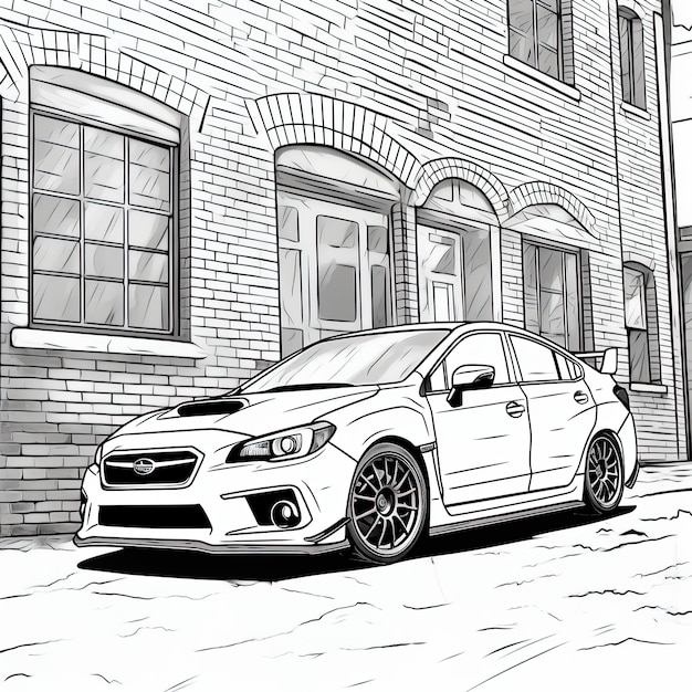 Subaru WRX STI de pie frente a una pared de ladrillo Mejor dibujo a mano libro colorido EPS