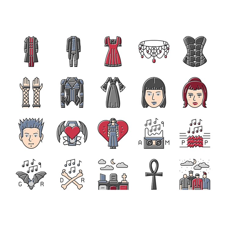 Vector subcultura gótica punk gótico y2k iconos conjunto vector