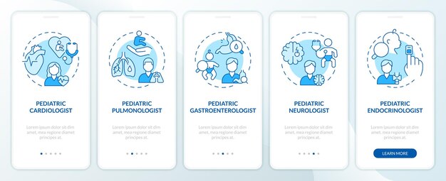 Subespecialistas pediátricos pantalla azul de incorporación de la aplicación móvil Tutorial de la clínica infantil Instrucciones gráficas editables de 5 pasos con conceptos lineales Plantilla UX GUI Myriad ProBold Fuentes regulares utilizadas