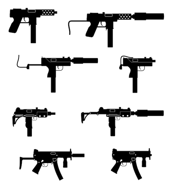 Subfusil ametralladora armas de mano silueta contorno negro sobre blanco