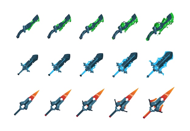 Subir el nivel de la espada Caricatura veneno mágico y hojas de fuego con varios grados desarrollados para la experiencia del juego de acción Conjunto de armas de juego aislado Jugar municiones Sables militares vectoriales