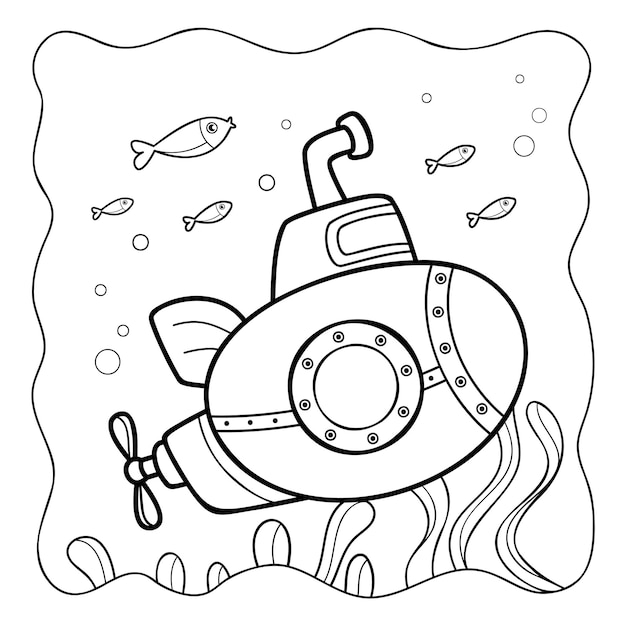 Submarino blanco y negro libro para colorear o página para colorear para niños fondo de naturaleza