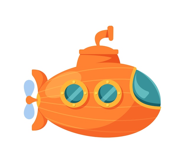 Vector submarino de dibujos animados, color naranja, barco subacuático, juego, activo, estilo infantil aislado, vehículo marino con ojos de buey de periscopio