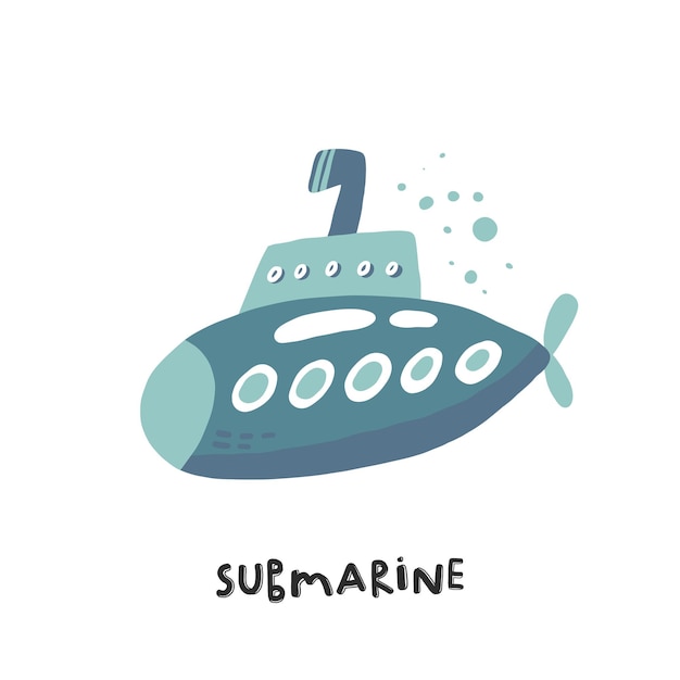 Submarino. Ilustración dibujada a mano en estilo de dibujos animados. Transportar juguetes. Lindo concepto para niños