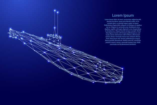 Submarino de líneas azules poligonales futuristas y estrellas brillantes para la tarjeta de felicitación del cartel de la bandera ilustración vectorial