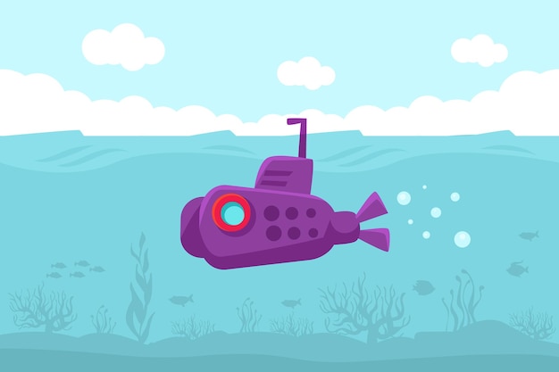 Submarino púrpura en el agua Ilustración vectorial